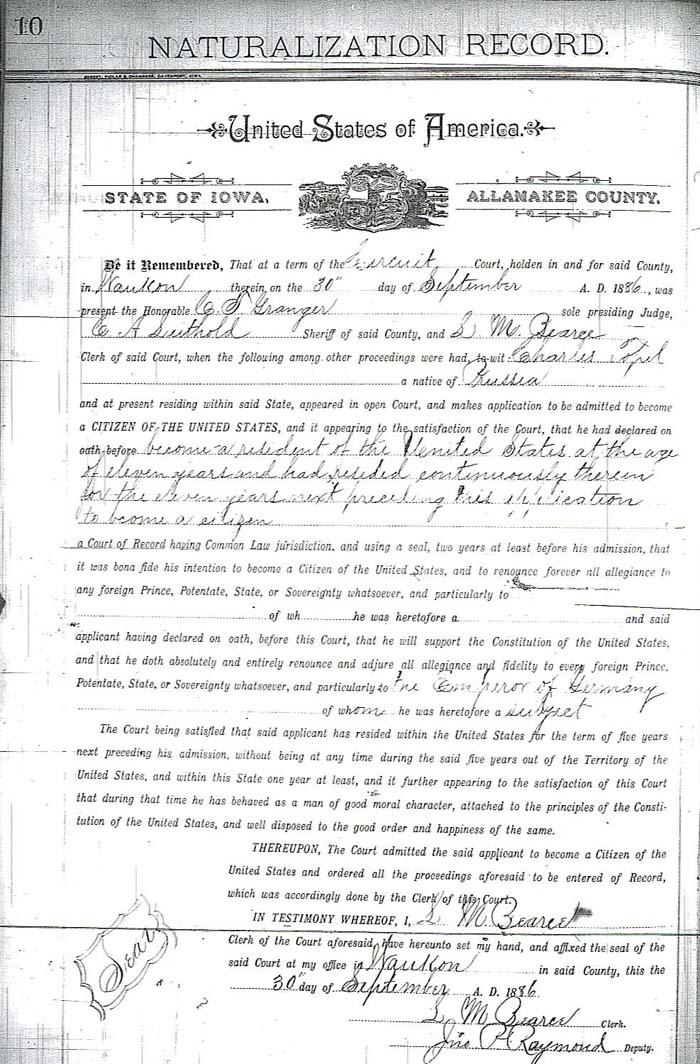 Charles L. Topel, Sr. naturalization record