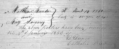Marsden-Sweeney marriage certificate, Jan 1850