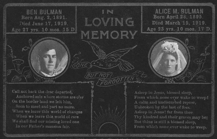 Funeral card - Ben Bulman & Alice M. Meyer Bulman