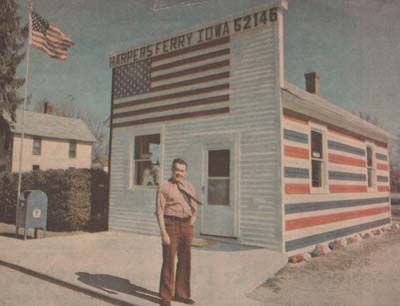 Joe Kelly, Harpers Ferry Postmaster in front of the postoffice, 1976