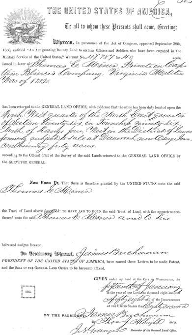 Thomas E. Miner, Bounty Land Warrant, War of 1812