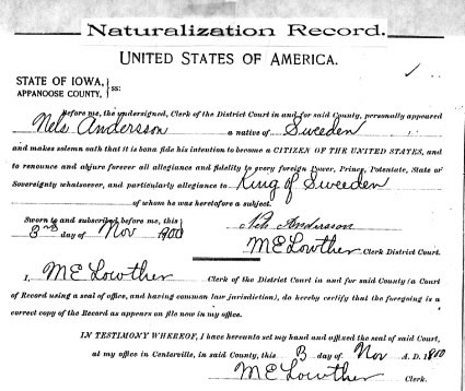 Nels Anderson's naturalization paper 1844 - 1926 born in Sweden moved to Appanoose County in 1880.  (submitted by Alice Daniels, NINA2295@aol.com)