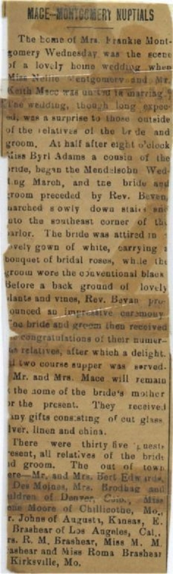 MACE - MONTGOMERY Wedding Annoucement  Moulton, IA,  June 1909.  (submitted by Sarah Kidd, ia.appanoose@cox.net)