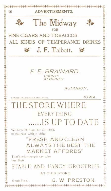 1898 Columbian Club Cookbook Advertisements The Midway, J. F. Talbott, F. E. Brainard, Attorney, G. W. Preston, Groceries