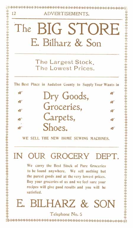 1898 Columbian Club Cookbook Advertisements The Big Store, E. Bilharz & Son