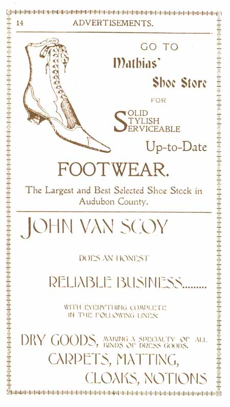 1898 Columbian Club Cookbook Advertisements Mathias' Shoe Store, John Van Scoy