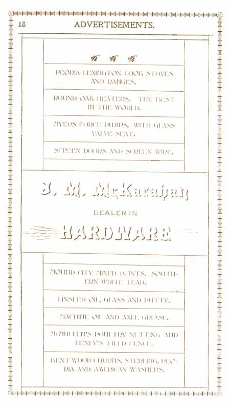 1898 Columbian Club Cookbook Advertisements J. M. McKarahan Hardware