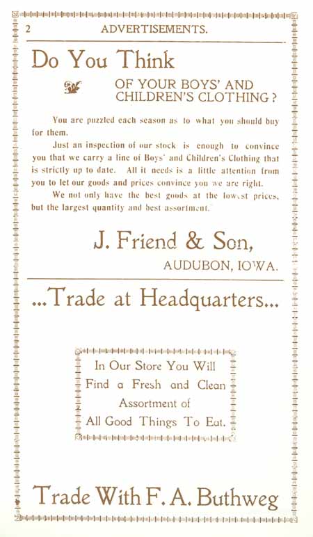 1898 Columbian Club Cookbook Advertisements J. Friend & Son, F. A. Buthweg