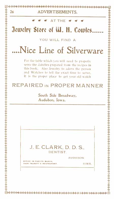 1898 Columbian Club Cookbook Advertisements J. W. Cowles, J. E. Clark