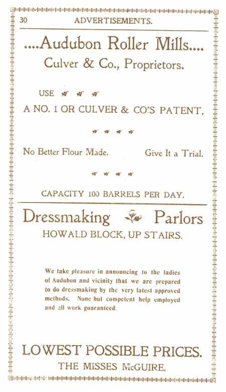 1898 Columbian Club Cookbook Advertisements Audubon Roller Mills, The Misses McGuire