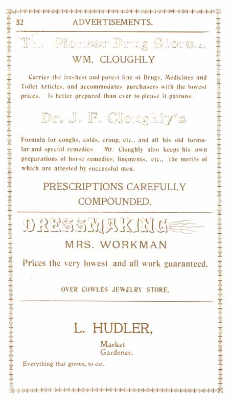 1898 Columbian Club Cookbook Advertisements Pioneer Drug Store, Wm. Cloughly; Dressmaking, Mrs. Workman; L. Hudler