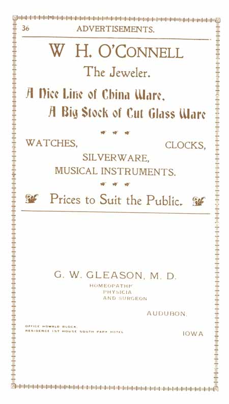 1898 Columbian Club Cookbook Advertisements W. H. O'Connell; G. W. Gleason, M. D.