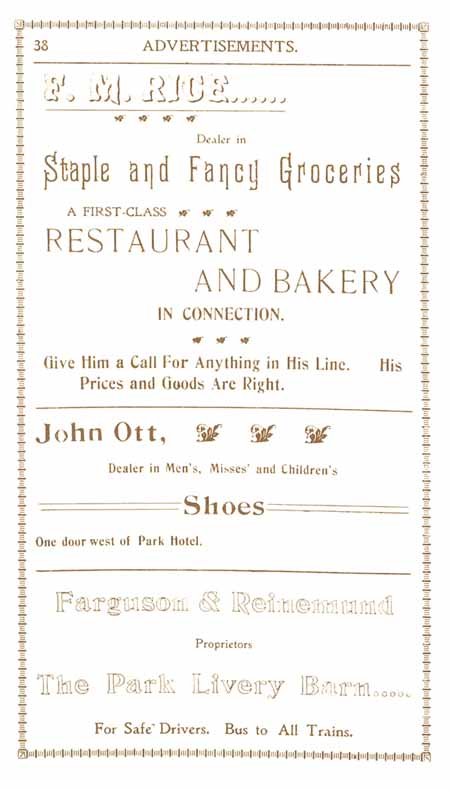 1898 Columbian Club Cookbook Advertisements F. M. Rice Restaurant and Bakery; John Ott Shoes; The Park Livery Barn
