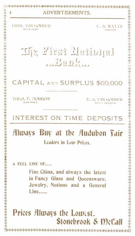 1898 Columbian Club Cookbook Advertisements First National Bank, Stonebrook & McCall Audubon Fair