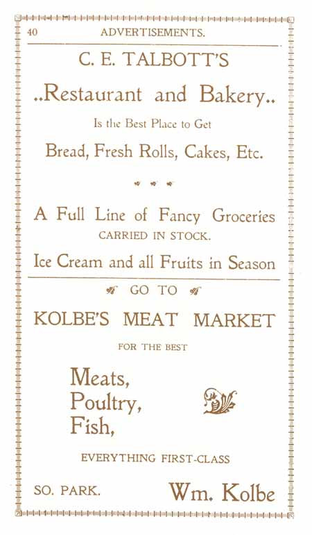 1898 Columbian Club Cookbook Advertisements C. E. Talbott's Restaurant & Bakery; Kolbe's Meat Market