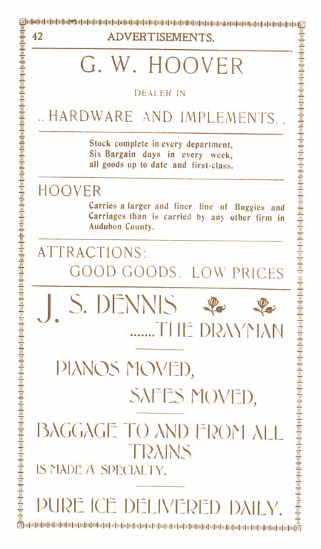 1898 Columbian Club Cookbook Advertisements C. G. W. Hoover, Hardware & Implements; J. S. Dennis, Drayman