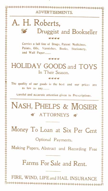 1898 Columbian Club Cookbook Advertisements A. H. Roberts; Nash, Phelps & Mosier