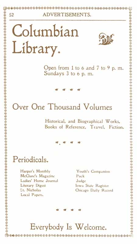1898 Columbian Club Cookbook Advertisements Columbian Library