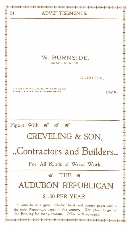 1898 Columbian Club Cookbook Advertisements W. Burnside, Grain Dealer; Creveling & Son, Contractor & Builder; The Audubon Republican