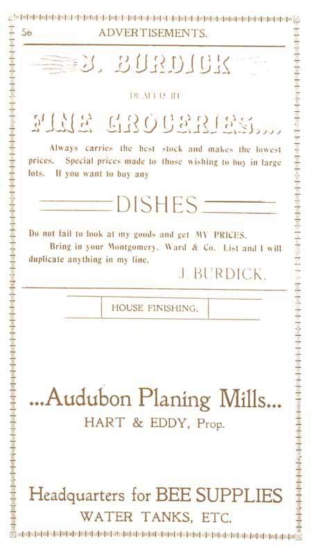 1898 Columbian Club Cookbook Advertisements J. Burdick, Groceries; Audubon Planing Mills