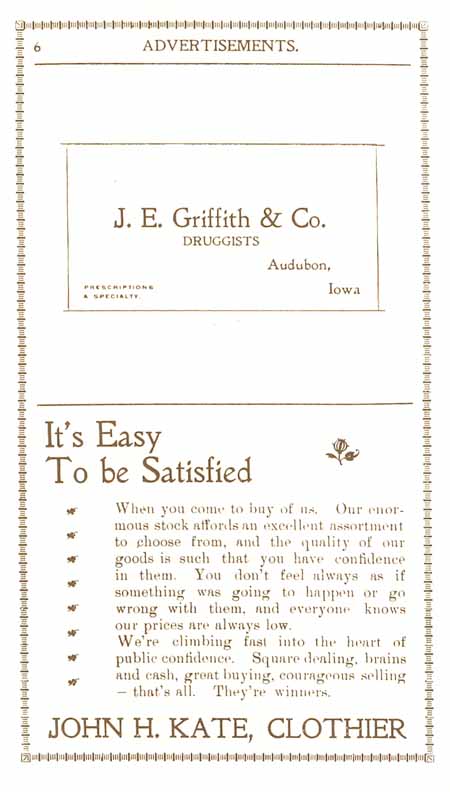 1898 Columbian Club Cookbook Advertisements J. E. Griffith & Co., John H. Kate