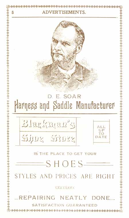1898 Columbian Club Cookbook Advertisements D. E. Soar, Blackman's Shoe Store