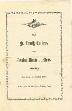 Lauritz Carstens & Marie Nielsen Wedding Program 1889