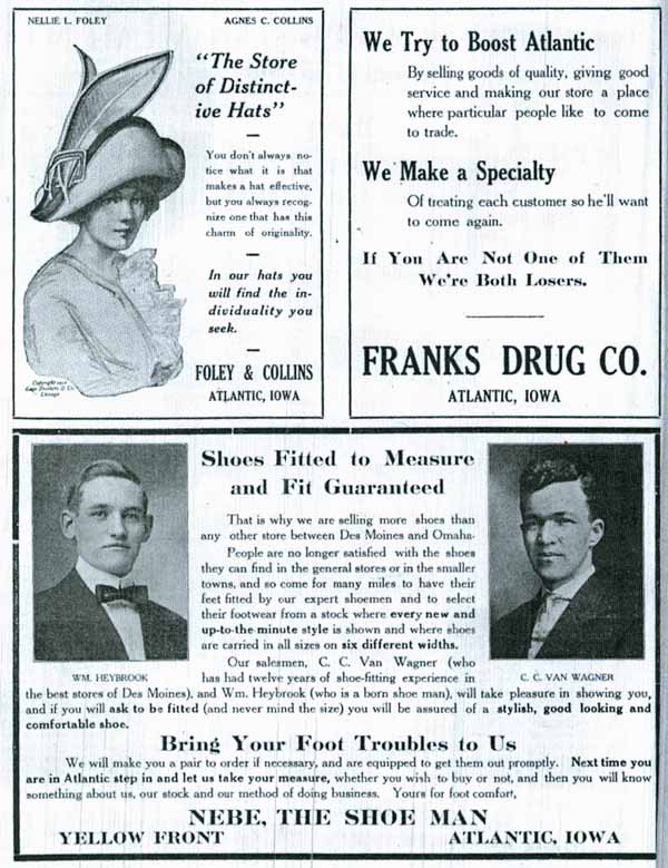 Foley & Collins, Franks Drug Co., Nebe, The Shoe Man Advertisements