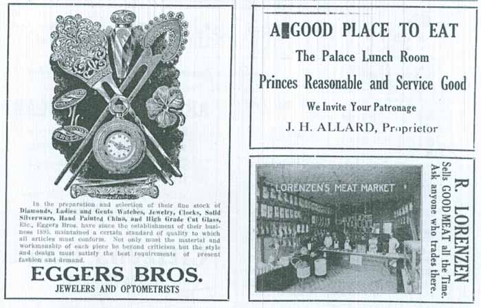 J. H. Eggers Bros., J. H. Allard, Palace Lunch Room, Lorenzen's Meat Market