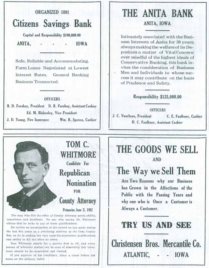 Citizens Bank, Anita Bank, Tom C. Whitemore, Christensen Bros. Mercantile Co. Advertisements