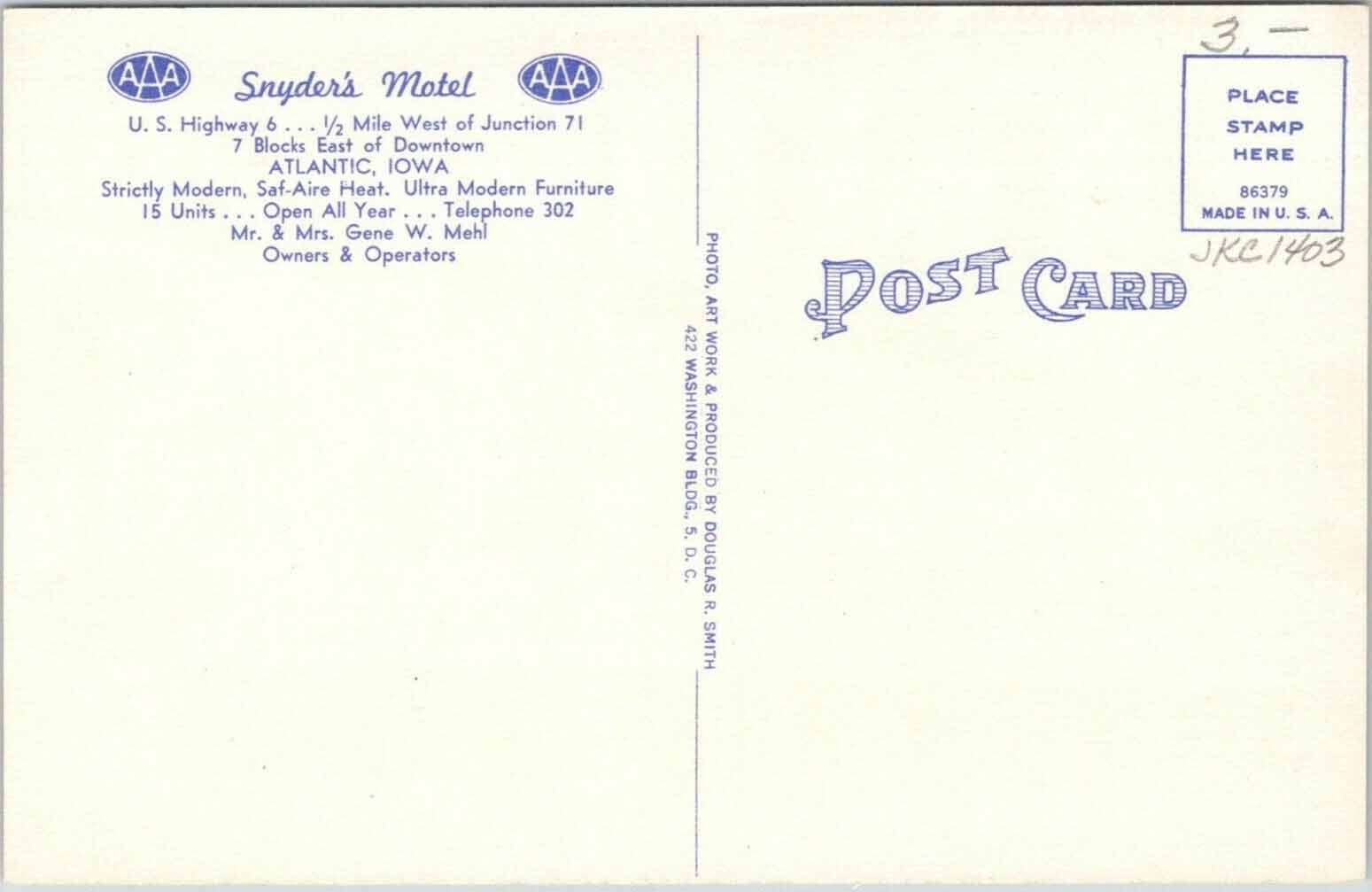 Snyder's Motel Card Back, Atlantic, Cass County, Iowa
