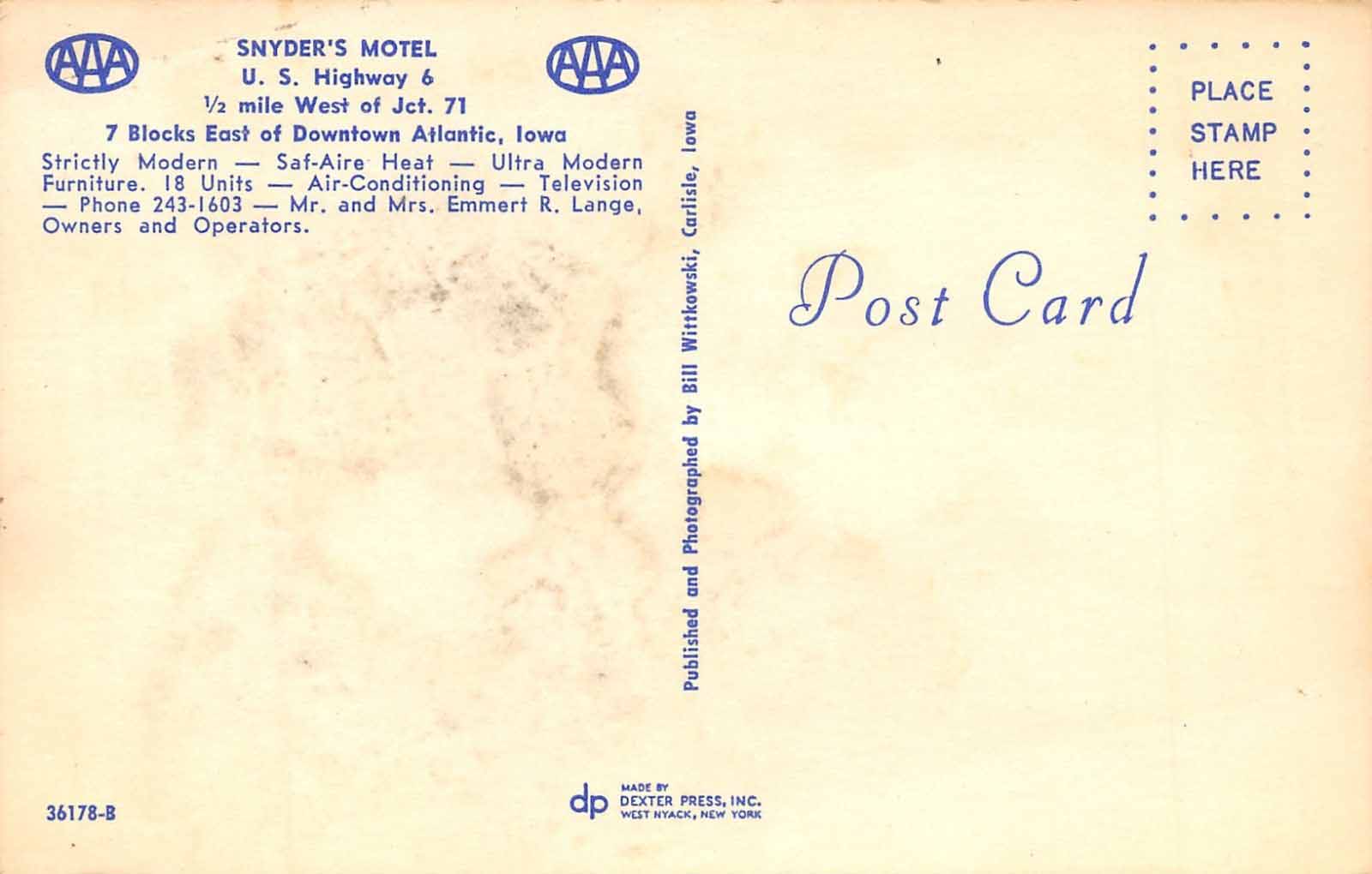 Snyder's Motel Card Back, Atlantic, Cass County, Iowa