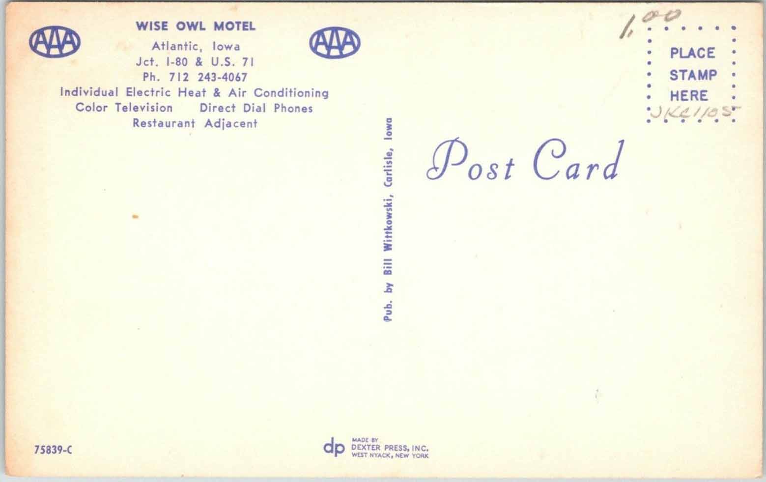 Wise Owl Motel Card Back, Atlantic, Cass County, Iowa