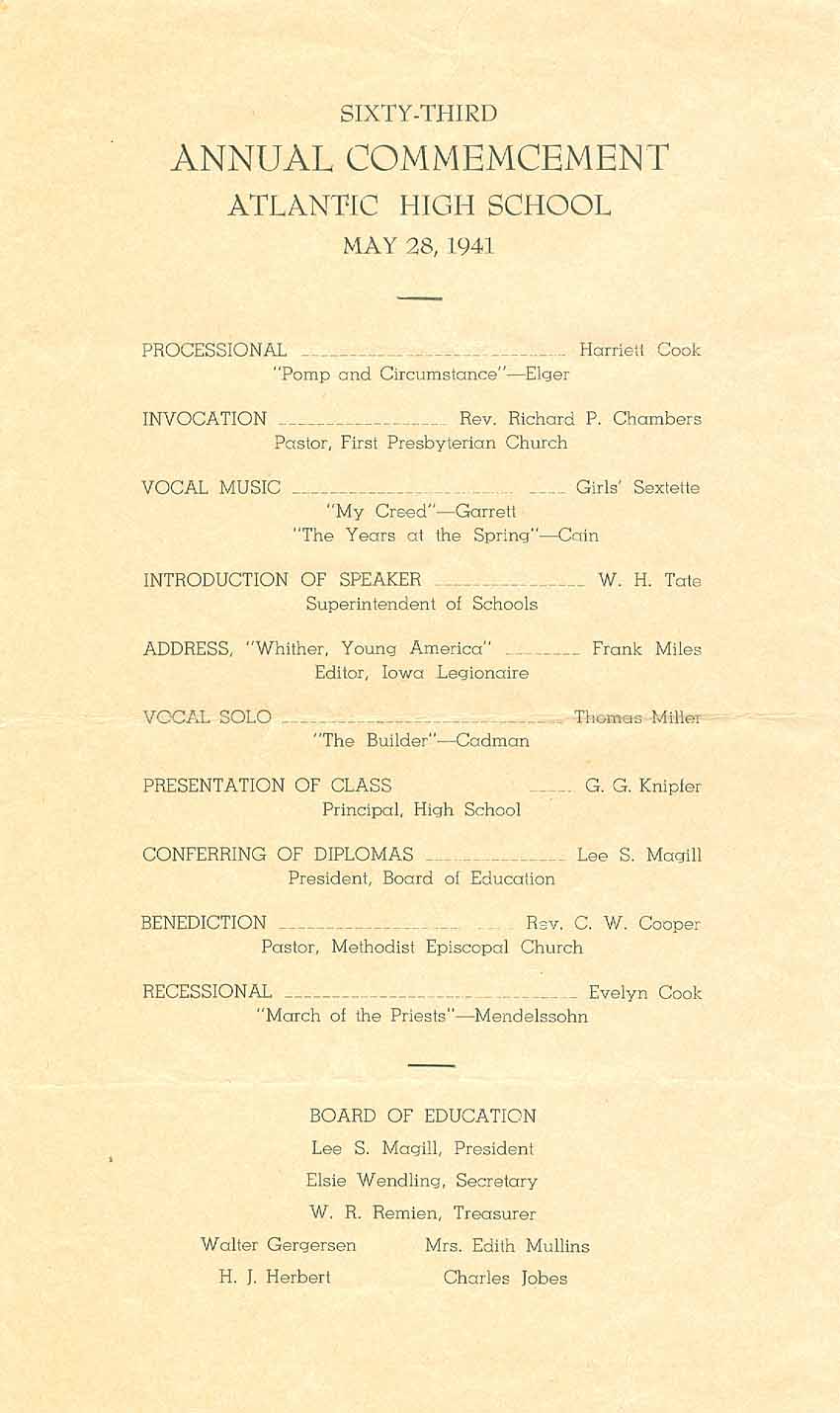 1941 Commencement Program, Atlantic, Iowa