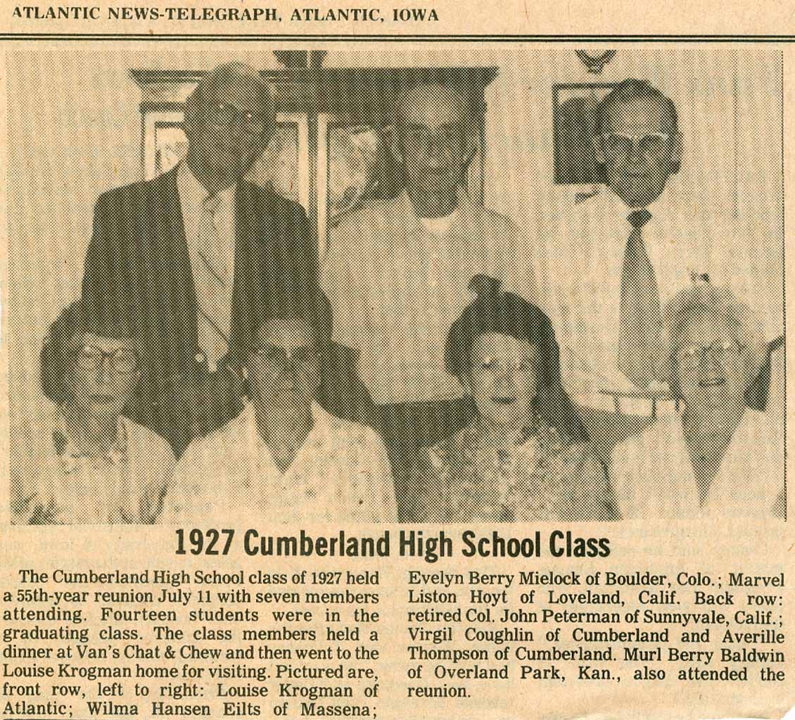 1927 Cumberland High School Class, 55th Reunion 1982, Cumberland, Iowa