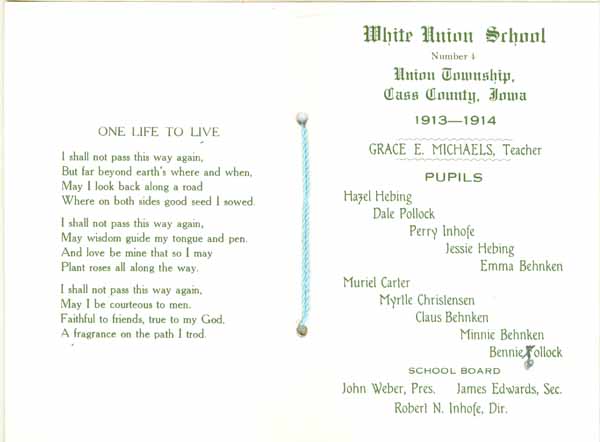 White Union School, Union Township, Cass County, Iowa 1913-14 Souvenir
