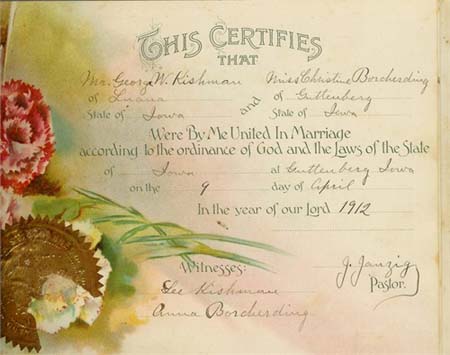 Kishman - Borcherding marriage certificate, 1912