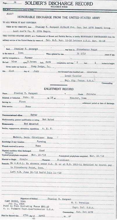 Stanley T. Sargent Soldier's Discharge and Enlistment Record