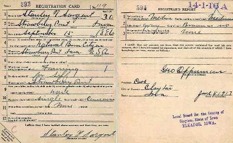 Stanley T. Sargent draft registration card, June 5, 1917