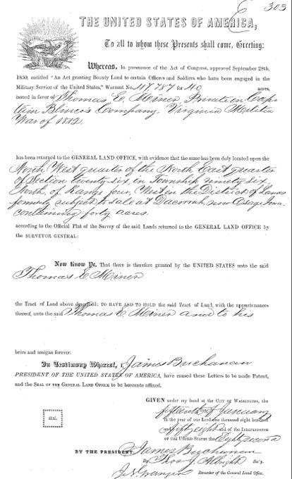 Thomas E. Miner bounty land warrant