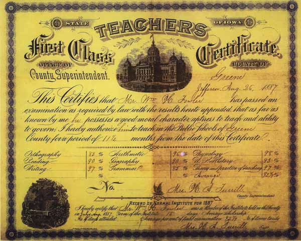 William H. Fowler 1887 Iowa Teacher's Certificate