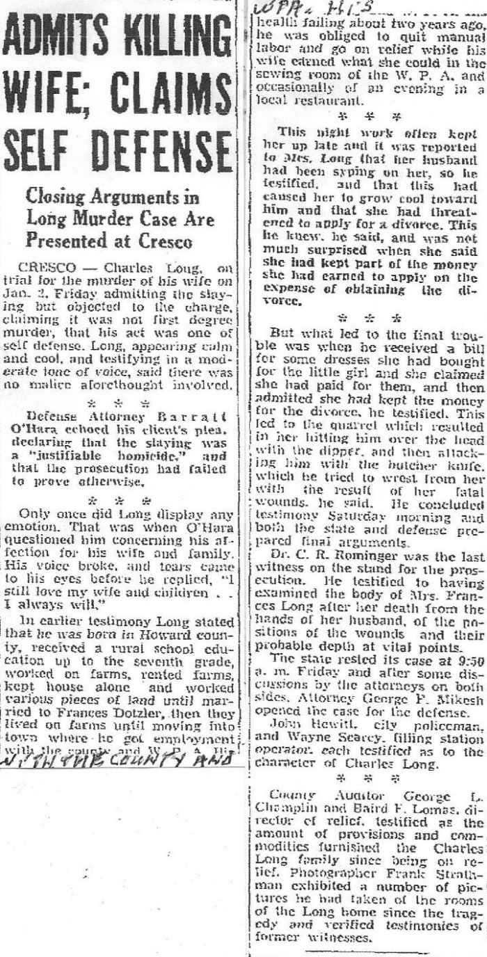 Frances Long Murder Mason City Globe-Gazette Saturday Mar. 1, 1941