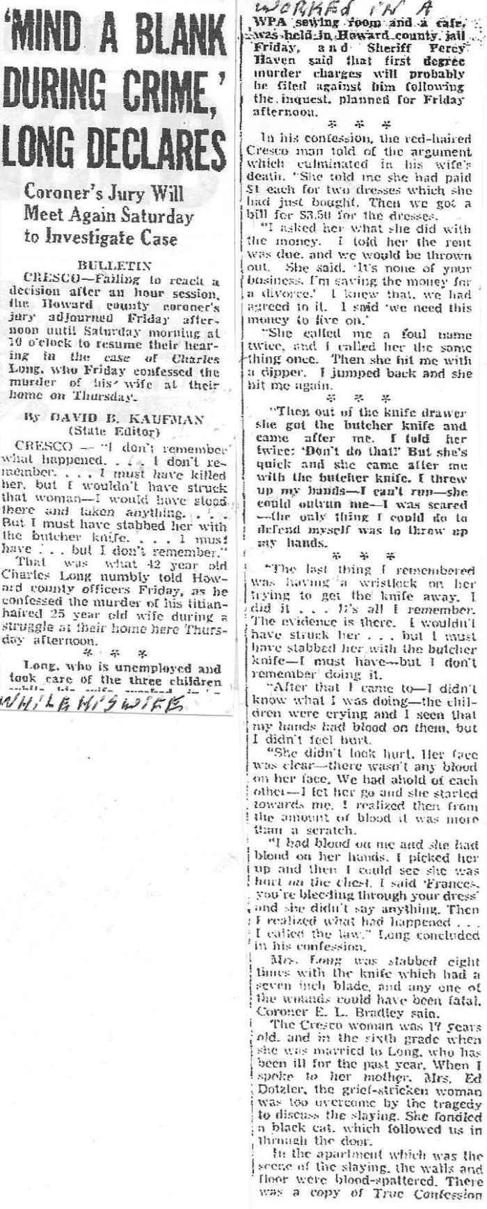 Frances Long Murder Mason City Globe-Gazette Friday Jan. 3, 1941