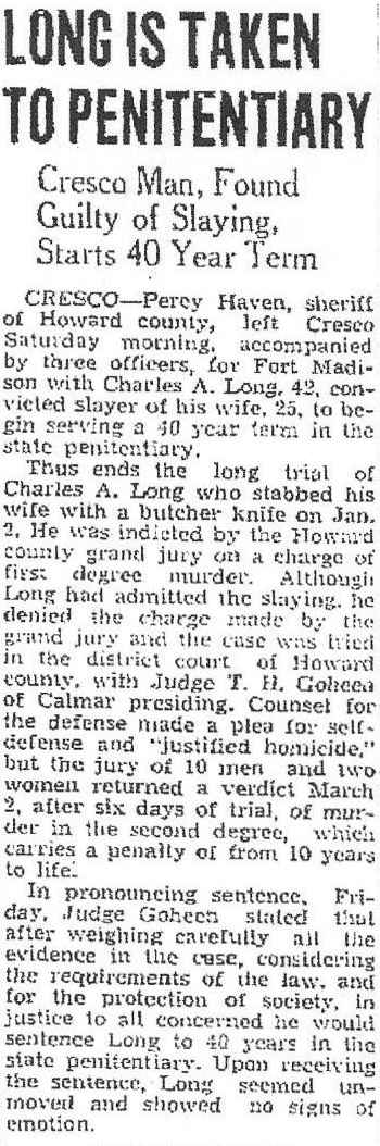 Frances Long Murder Mason City Globe-Gazette Monday Apr. 7, 1941