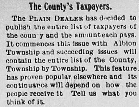 Plain Dealer announcement to publish 1905 taxes