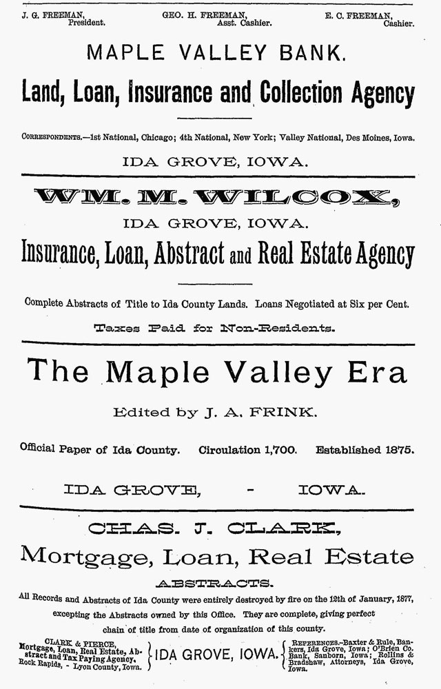 Ida County ads from the 1884-1885 Iowa Gazeteer & Business Directory