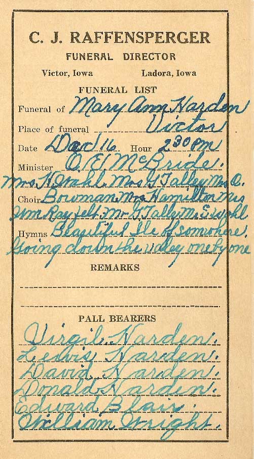 Mary Harden Funeral Card