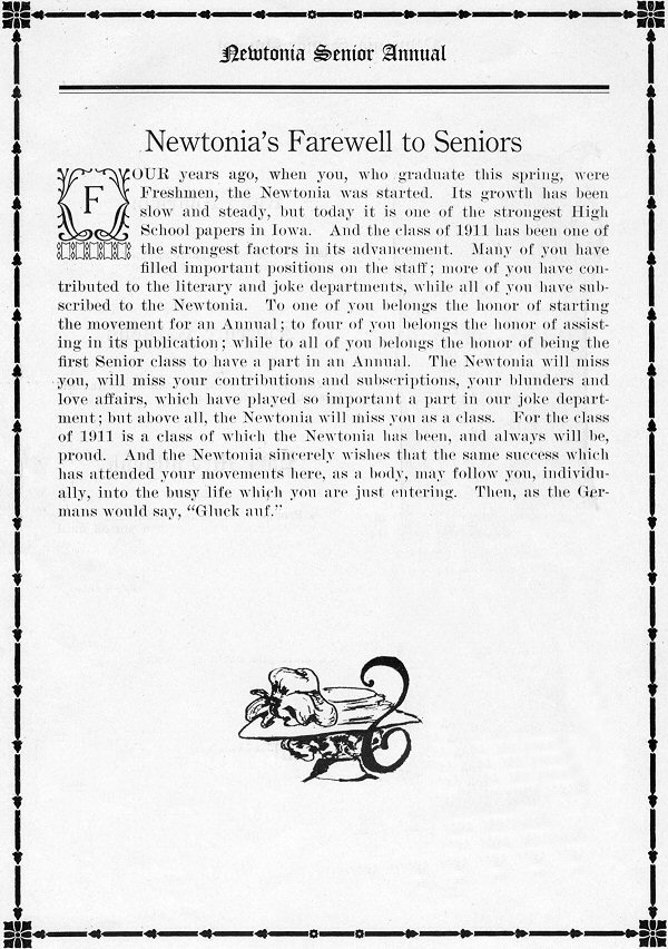 Farewell to Seniors page of The Newtonia Senior Annual, 1911