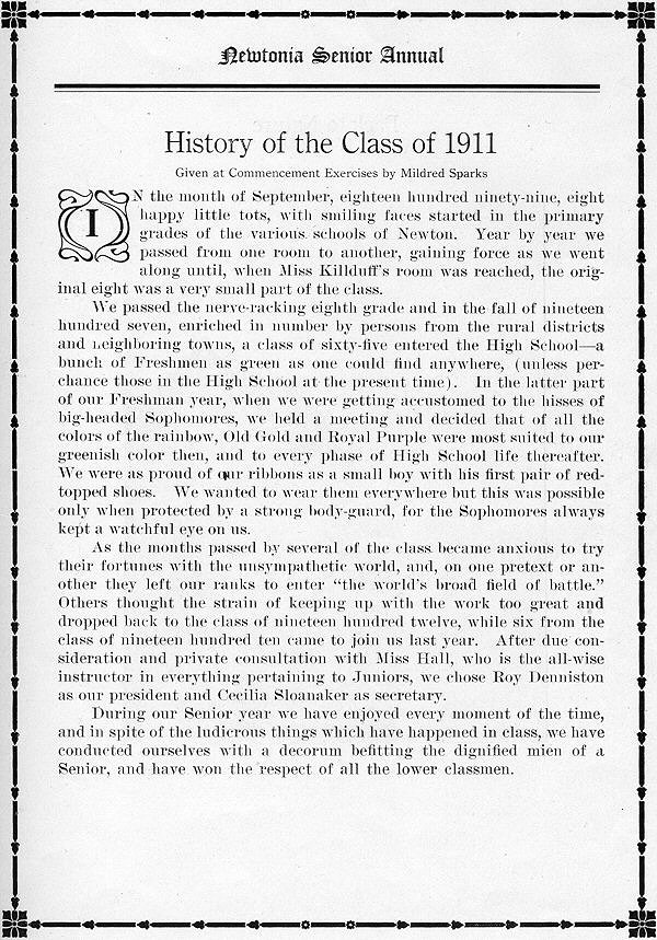 History of Class of 1911 page in The Newtonia Senior Annual, 1911