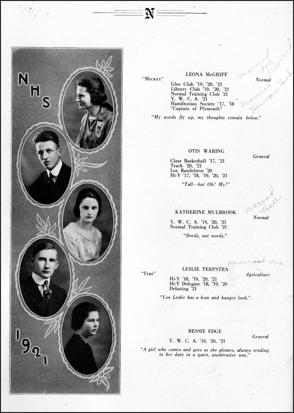 Newton Iowa High School Graduates Class of 1921